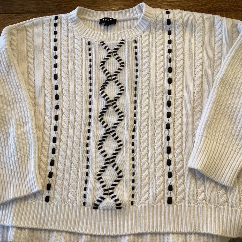 DKNY White sweater with black suede accents